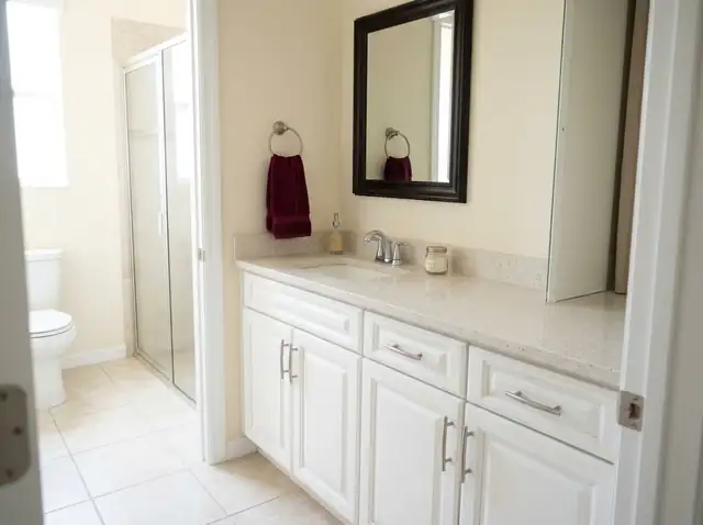 White raised-panel bathroom vanity with a speckled light top, undermount sink and framed mirror